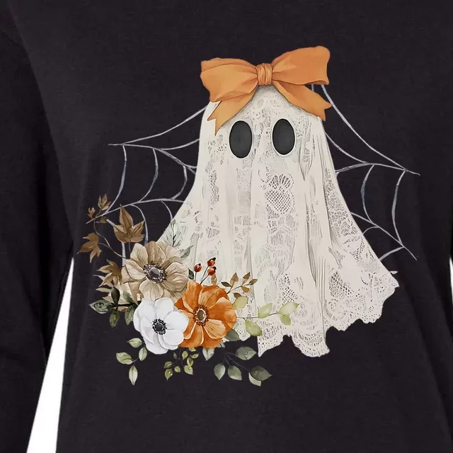 Coquette Ghost Halloween Flower Ghost Spooky Lace Ghost Womens Cotton Relaxed Long Sleeve T-Shirt