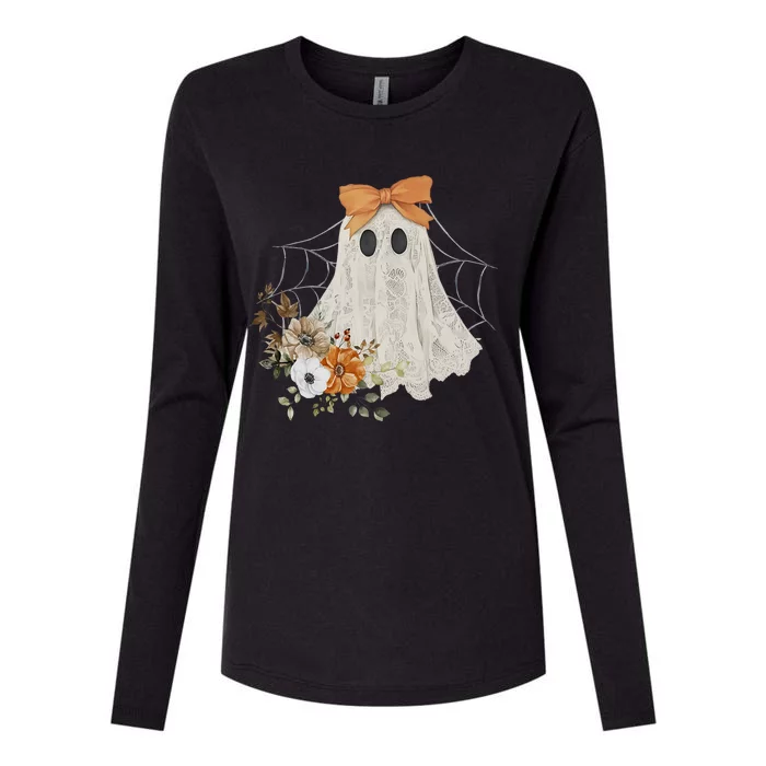 Coquette Ghost Halloween Flower Ghost Spooky Lace Ghost Womens Cotton Relaxed Long Sleeve T-Shirt