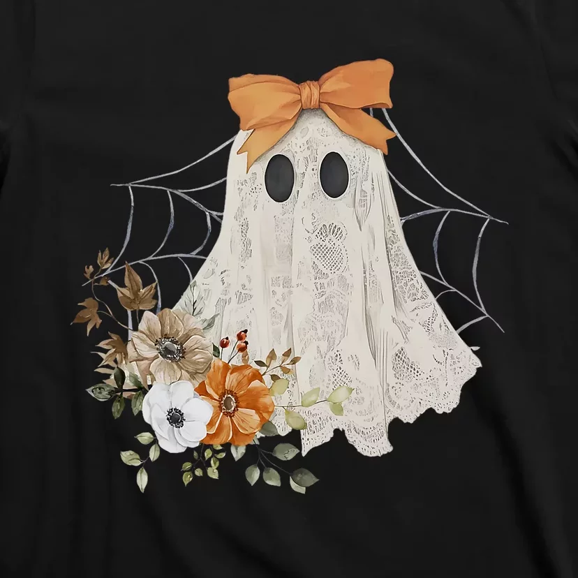 Coquette Ghost Halloween Flower Ghost Spooky Lace Ghost T-Shirt