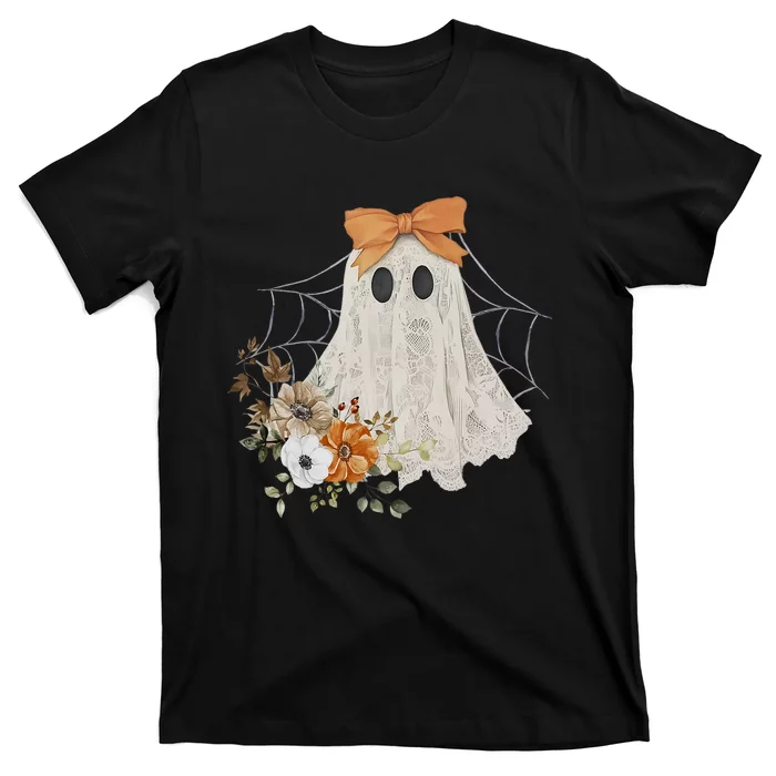 Coquette Ghost Halloween Flower Ghost Spooky Lace Ghost T-Shirt