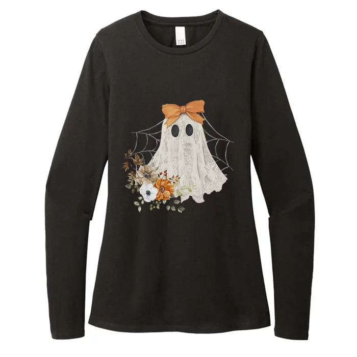 Coquette Ghost Halloween Flower Ghost Spooky Lace Ghost Womens CVC Long Sleeve Shirt