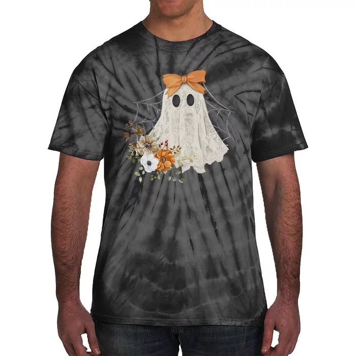 Coquette Ghost Halloween Flower Ghost Spooky Lace Ghost Tie-Dye T-Shirt