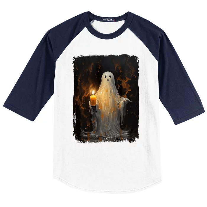 Cute Ghost Holding Candle Funny Halloween Gothic Vintage Baseball Sleeve Shirt