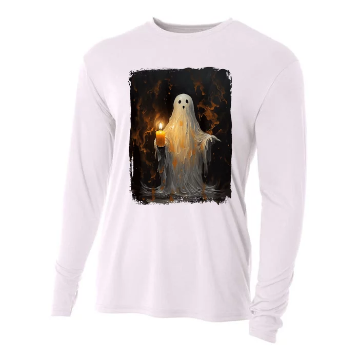 Cute Ghost Holding Candle Funny Halloween Gothic Vintage Cooling Performance Long Sleeve Crew