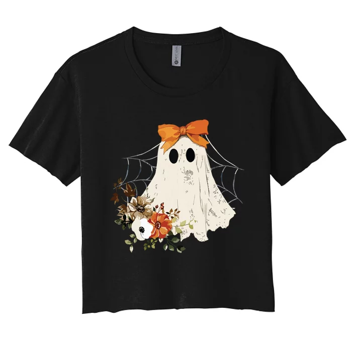 Coquette Ghost Halloween Flower Ghost Spooky Lace Ghost Women's Crop Top Tee