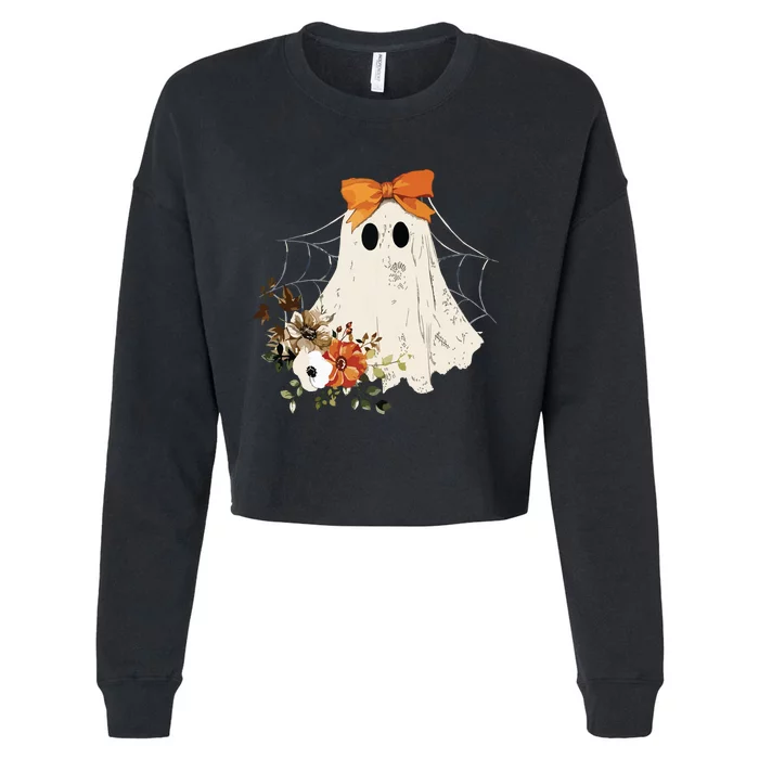 Coquette Ghost Halloween Flower Ghost Spooky Lace Ghost Cropped Pullover Crew