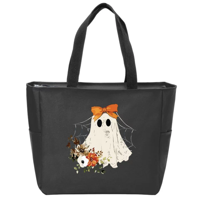 Coquette Ghost Halloween Flower Ghost Spooky Lace Ghost Zip Tote Bag