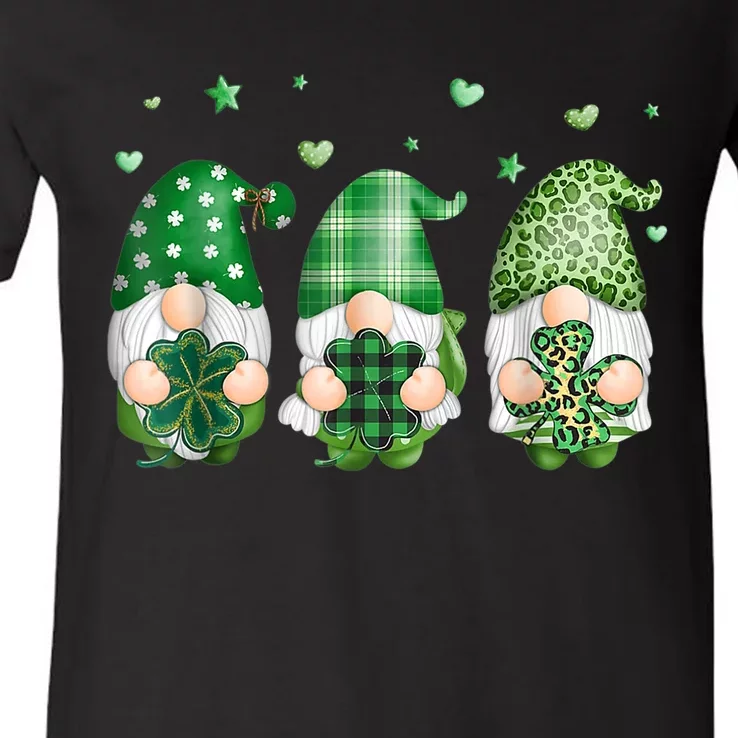 Cute Gnomes Holding Shamrock Leopard Plaid St Patrick's Day V-Neck T-Shirt