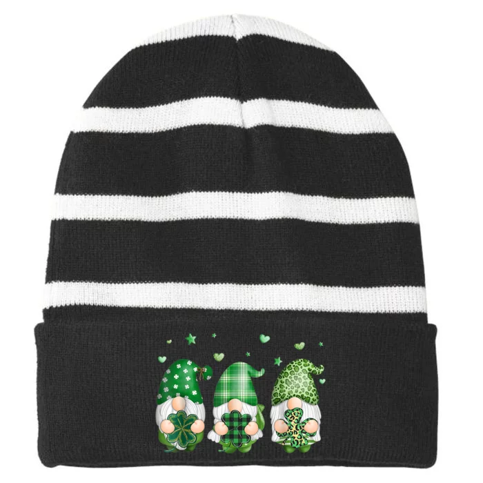 Cute Gnomes Holding Shamrock Leopard Plaid St Patrick's Day Striped Beanie with Solid Band