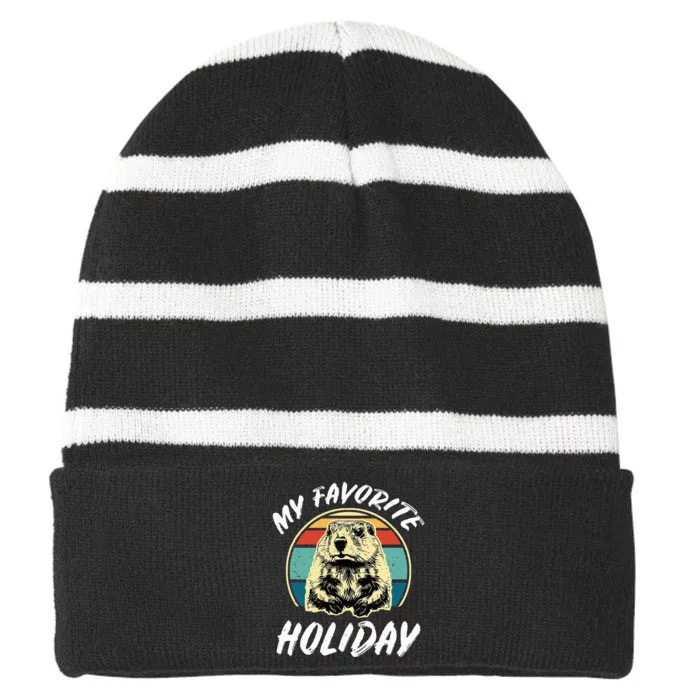 Cute Groundhog Holiday Striped Beanie with Solid Band