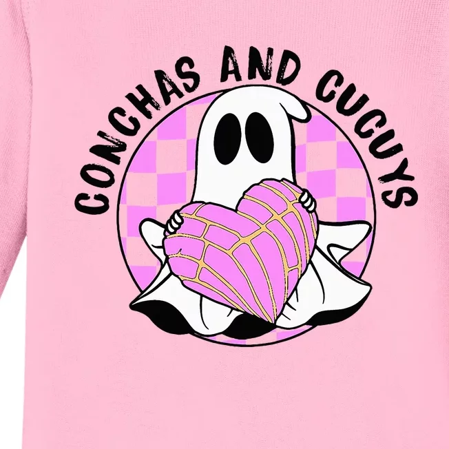 Cute Ghost Holding Pink Heart Halloween Conchas And Cucuys Baby Long Sleeve Bodysuit