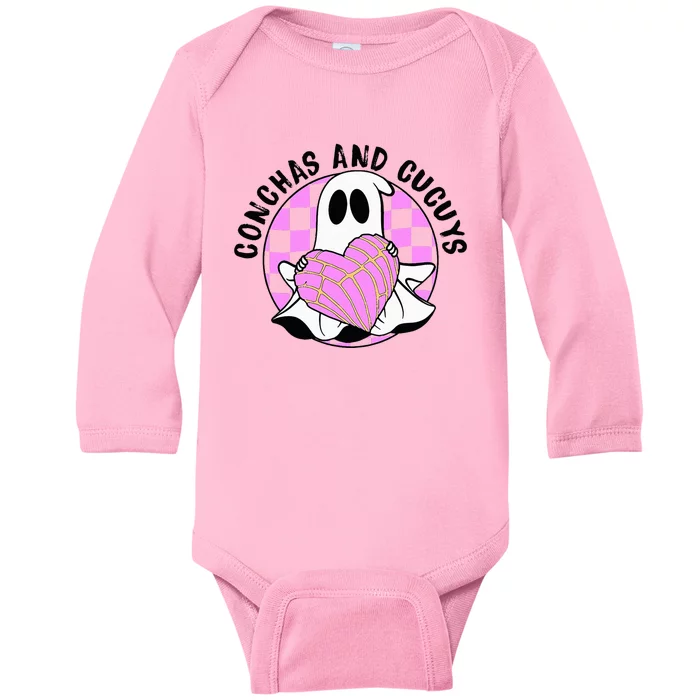 Cute Ghost Holding Pink Heart Halloween Conchas And Cucuys Baby Long Sleeve Bodysuit