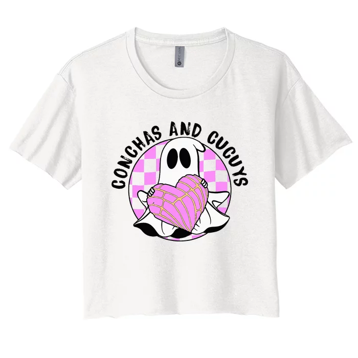 Cute Ghost Holding Pink Heart Halloween Conchas And Cucuys Women's Crop Top Tee