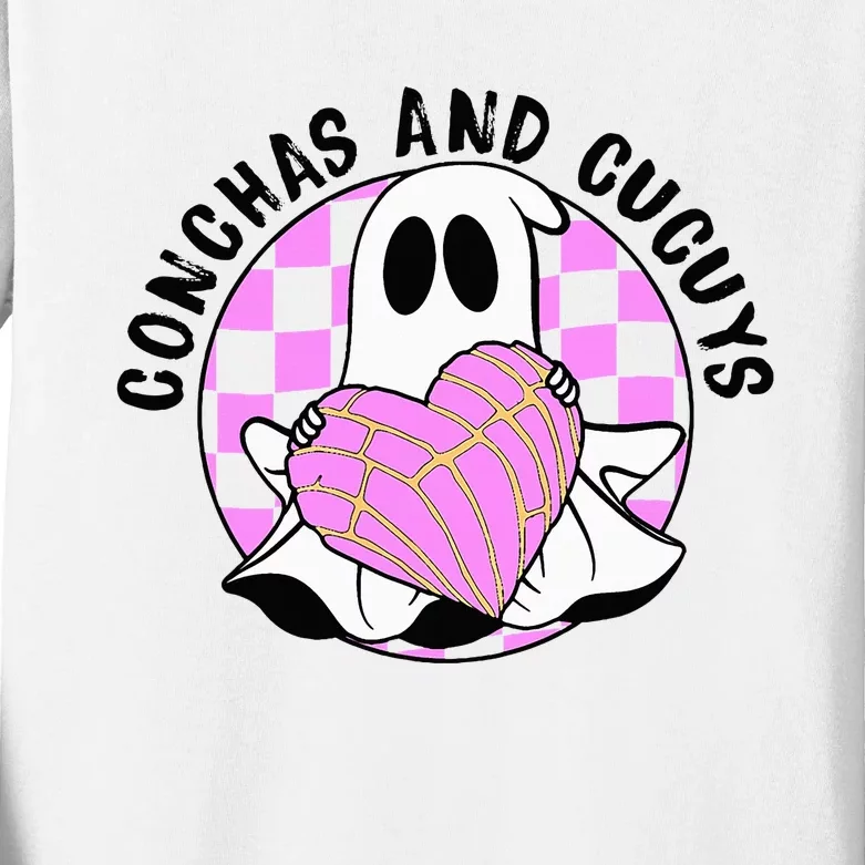 Cute Ghost Holding Pink Heart Halloween Conchas And Cucuys Kids Long Sleeve Shirt