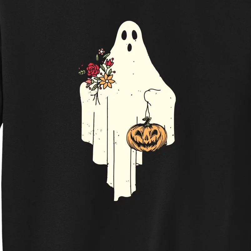 Cute Ghost Holding Pumpkin Flower Halloween Spooky Season Tall Sweatshirt