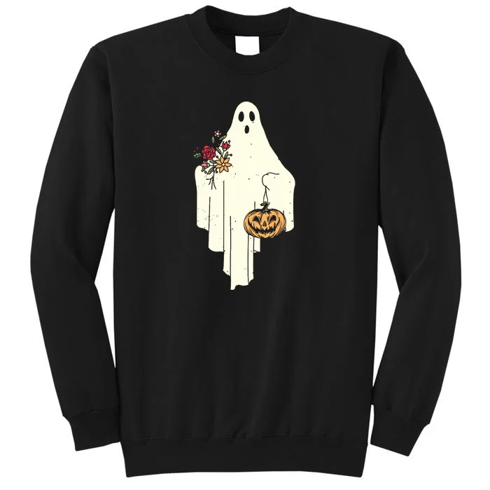 Cute Ghost Holding Pumpkin Flower Halloween Spooky Season Tall Sweatshirt