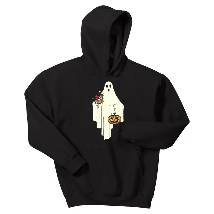 Cute Ghost Holding Pumpkin Flower Halloween Spooky Season Kids Hoodie