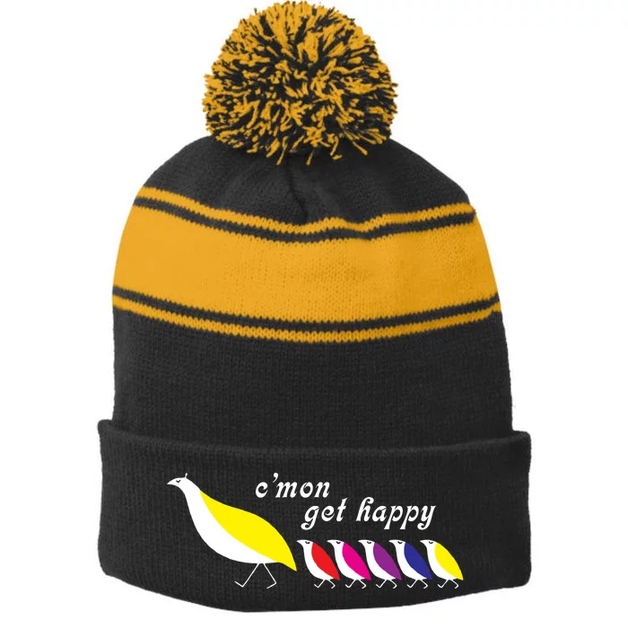 Cmon Get Happy Bird Vintage Retro Stripe Pom Pom Beanie