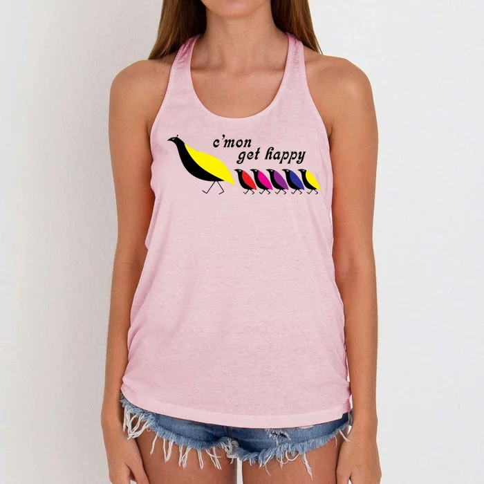 Cmon Get Happy Bird Vintage Retro Women's Knotted Racerback Tank