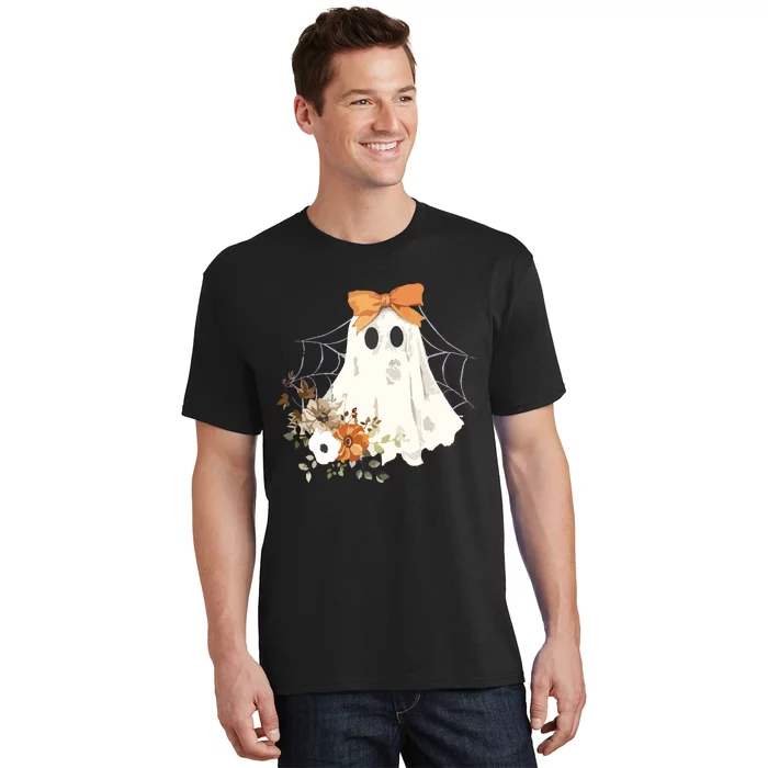 Coquette Ghost Halloween Flower Ghost Spooky Lace Ghost T-Shirt