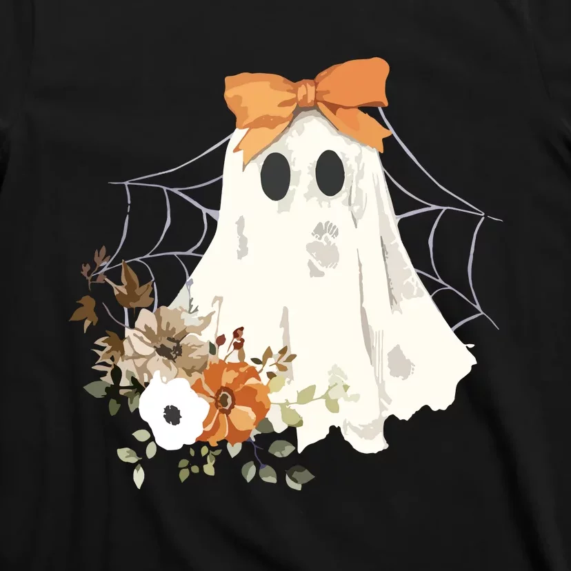 Coquette Ghost Halloween Flower Ghost Spooky Lace Ghost T-Shirt