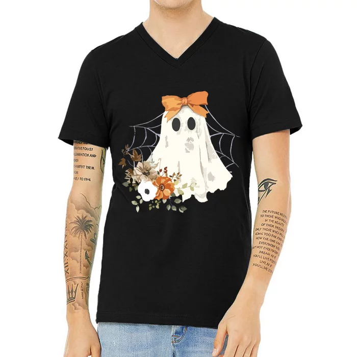 Coquette Ghost Halloween Flower Ghost Spooky Lace Ghost V-Neck T-Shirt