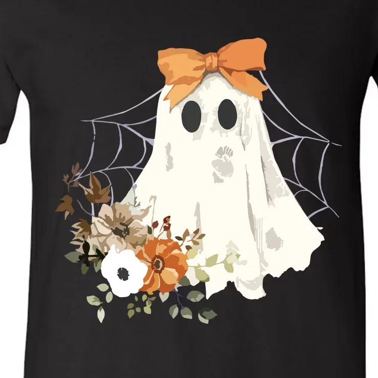 Coquette Ghost Halloween Flower Ghost Spooky Lace Ghost V-Neck T-Shirt