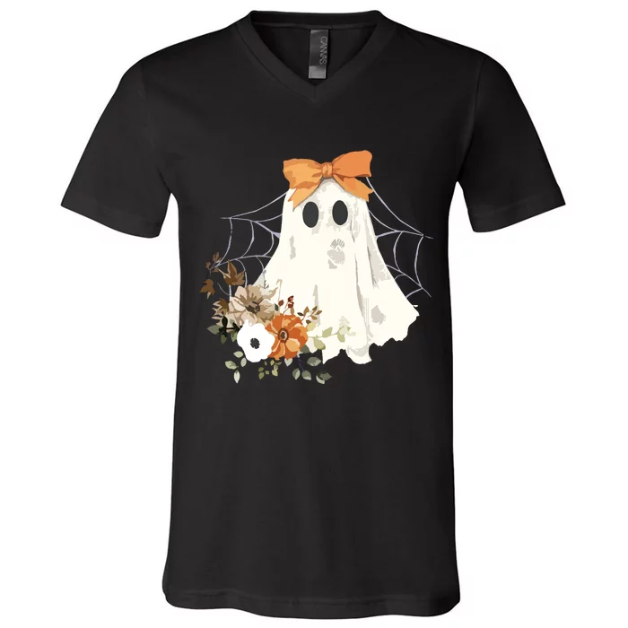 Coquette Ghost Halloween Flower Ghost Spooky Lace Ghost V-Neck T-Shirt