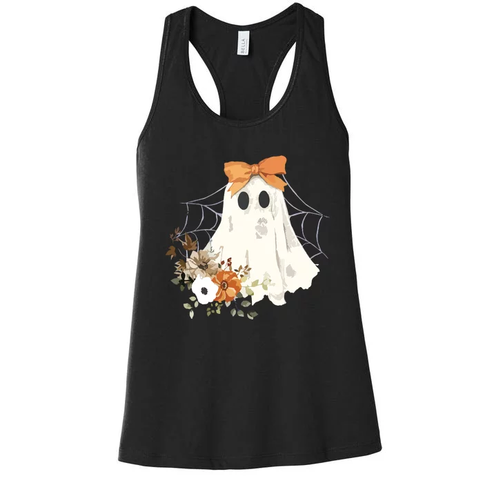 Coquette Ghost Halloween Flower Ghost Spooky Lace Ghost Women's Racerback Tank