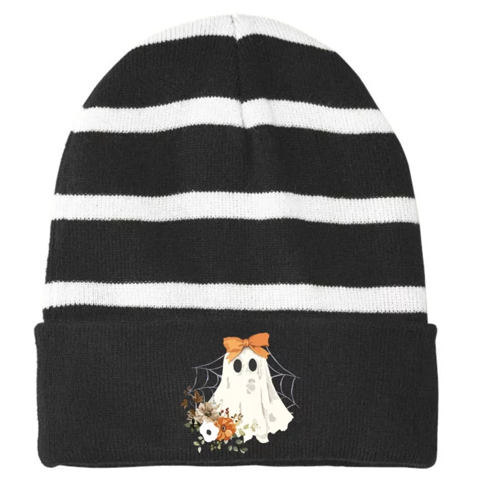 Coquette Ghost Halloween Flower Ghost Spooky Lace Ghost Striped Beanie with Solid Band