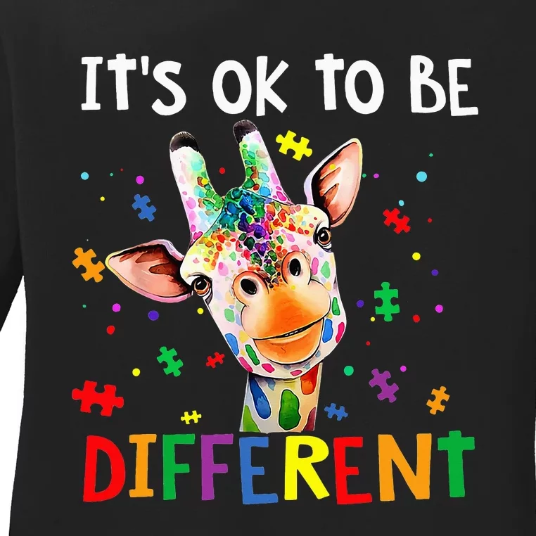 cute Giraffe It's Ok To Be Different Autism Awareness Ladies Long Sleeve Shirt