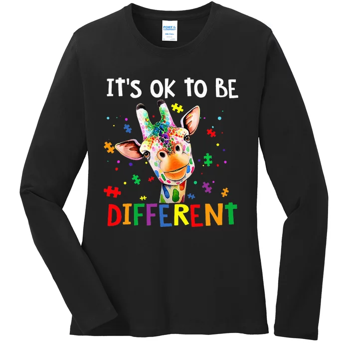 cute Giraffe It's Ok To Be Different Autism Awareness Ladies Long Sleeve Shirt