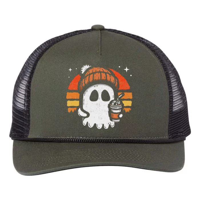 Cute Ghost Ice Coffee Halloween Ghost Coffee Halloween Retro Rope Trucker Hat Cap