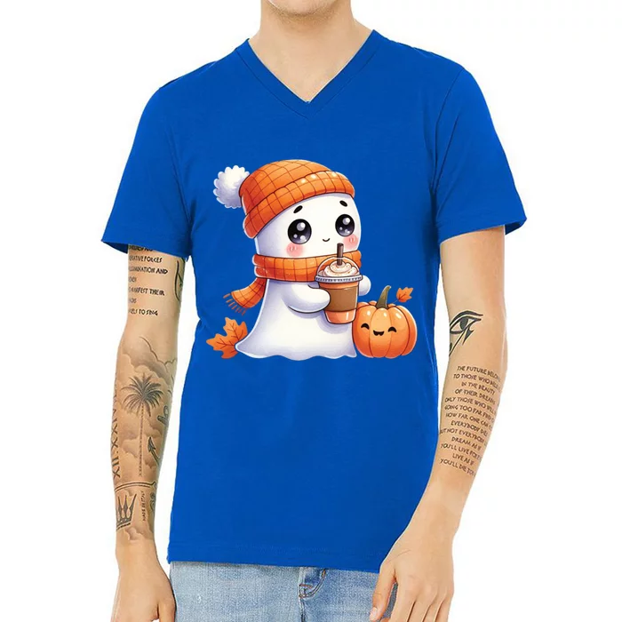 Cute Ghost Ing Coffee Halloween Pumpkin Spice Gift V-Neck T-Shirt