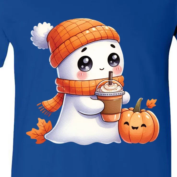 Cute Ghost Ing Coffee Halloween Pumpkin Spice Gift V-Neck T-Shirt