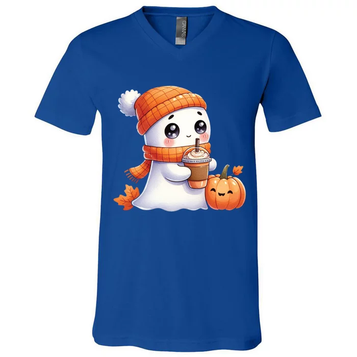 Cute Ghost Ing Coffee Halloween Pumpkin Spice Gift V-Neck T-Shirt