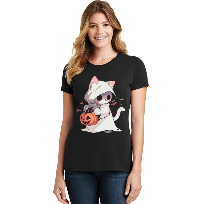 Cat Ghost Kawaii Neko Anime Halloween Costume Pumpkin Lover Women's T-Shirt