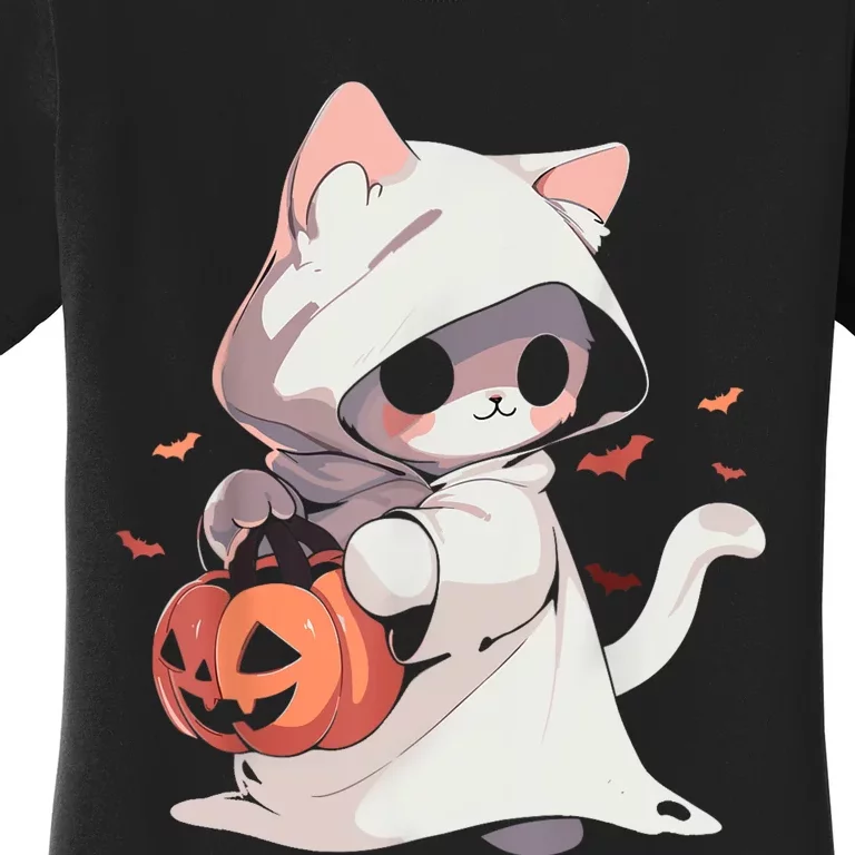 Cat Ghost Kawaii Neko Anime Halloween Costume Pumpkin Lover Women's T-Shirt