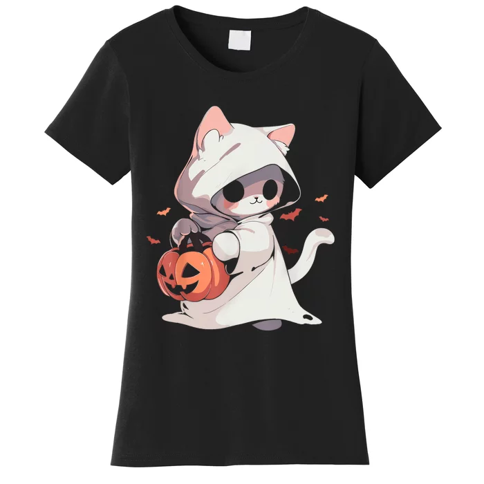 Cat Ghost Kawaii Neko Anime Halloween Costume Pumpkin Lover Women's T-Shirt