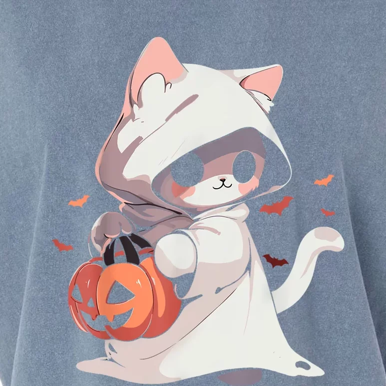 Cat Ghost Kawaii Neko Anime Halloween Costume Pumpkin Lover Garment-Dyed Women's Muscle Tee