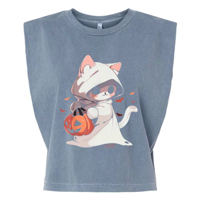 Cat Ghost Kawaii Neko Anime Halloween Costume Pumpkin Lover Garment-Dyed Women's Muscle Tee