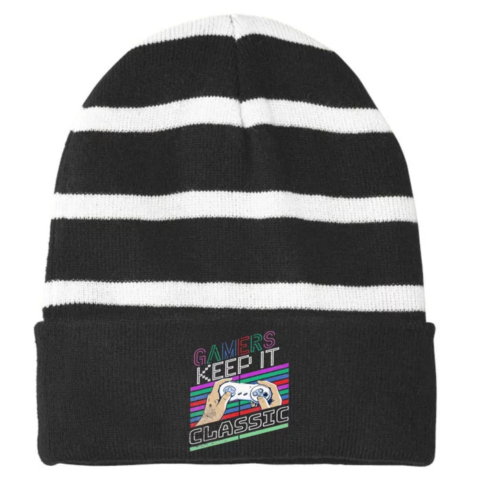 Classic Gamer Keep It Classic Gaming 80s 90s Vintage Cool Striped Beanie with Solid Band