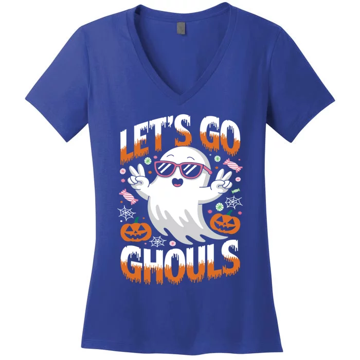 Cute Ghost LetS Go Ghouls Funny Halloween 2024 Graphic Gift Women's V-Neck T-Shirt