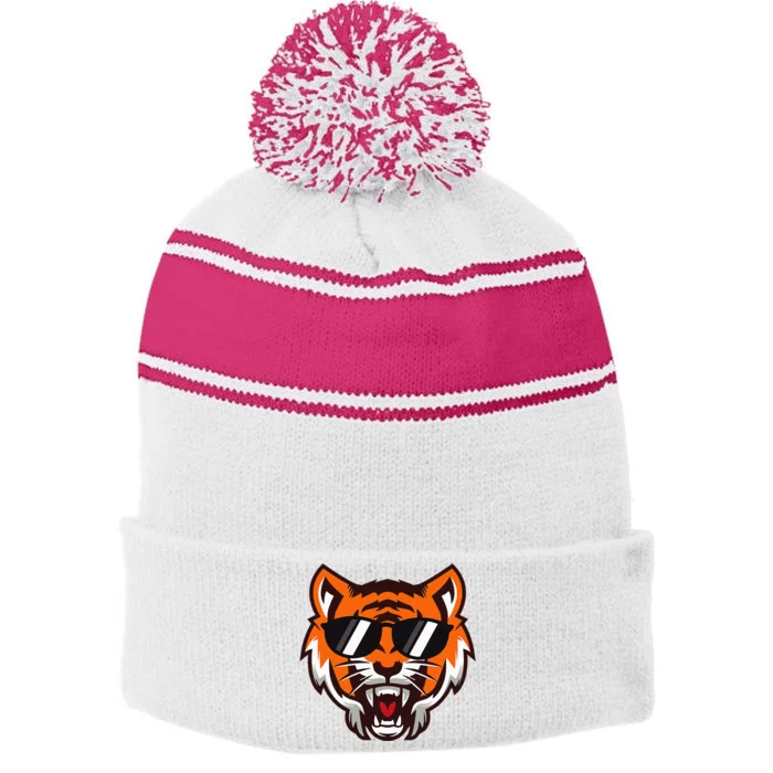 Cool Growling Mouth Open Bengal Tiger With Sunglasses Stripe Pom Pom Beanie