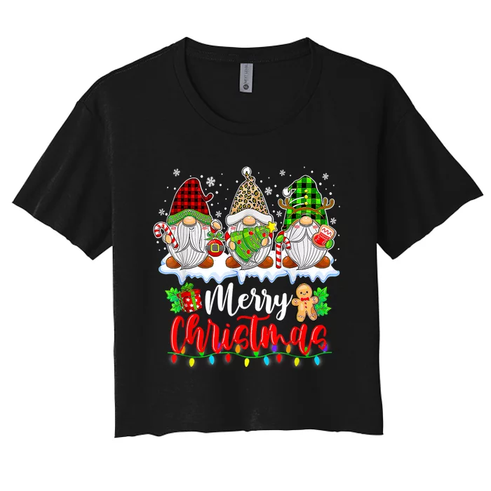 Cute Gnomes Merry Christmas Light Family Gnome Xmas Matching Women's Crop Top Tee