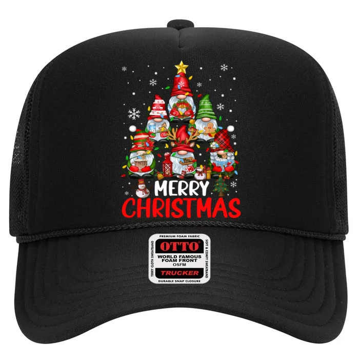 Cute Gnomes Merry Christmas Light Family Gnome Xmas Matching High Crown Mesh Trucker Hat