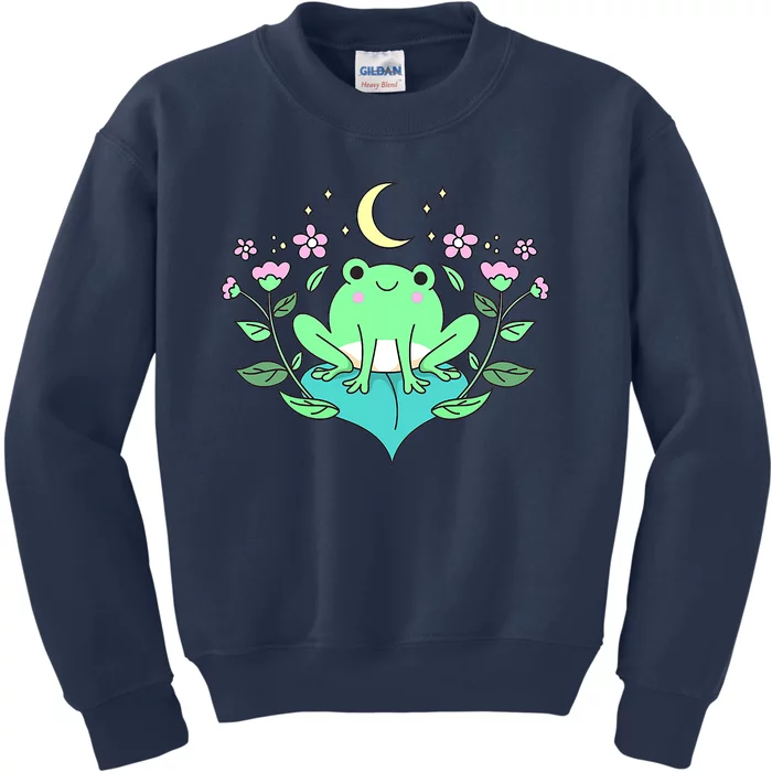 Cottagecore Goblincore Moon Flowers Forest Frog Mushroom Kids Sweatshirt