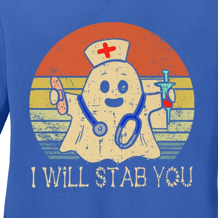 Cute Ghost Nurse I Will Stab You Halloween Spooky Season Gift Ladies Long Sleeve Shirt