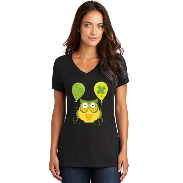 Cute Green Owl With Balloons Happy St. Patrick's Day Women's V-Neck T-Shirt