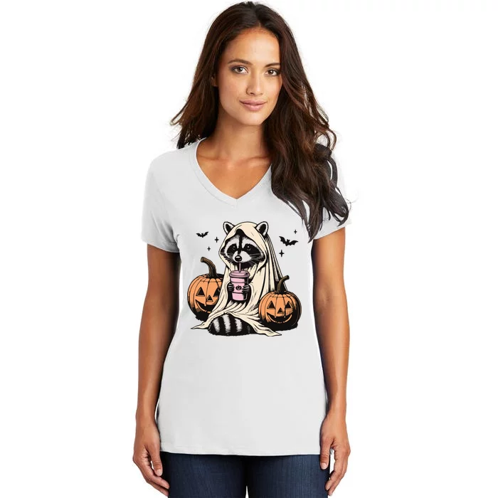 Cute Ghost Pumpkin Halloween Raccoon Costume Raccoon Lovers Women's V-Neck T-Shirt